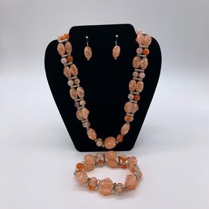 Chunky Crackle Orange Bead 24”Necklace With Matching Bracelet & Dangle Earrings